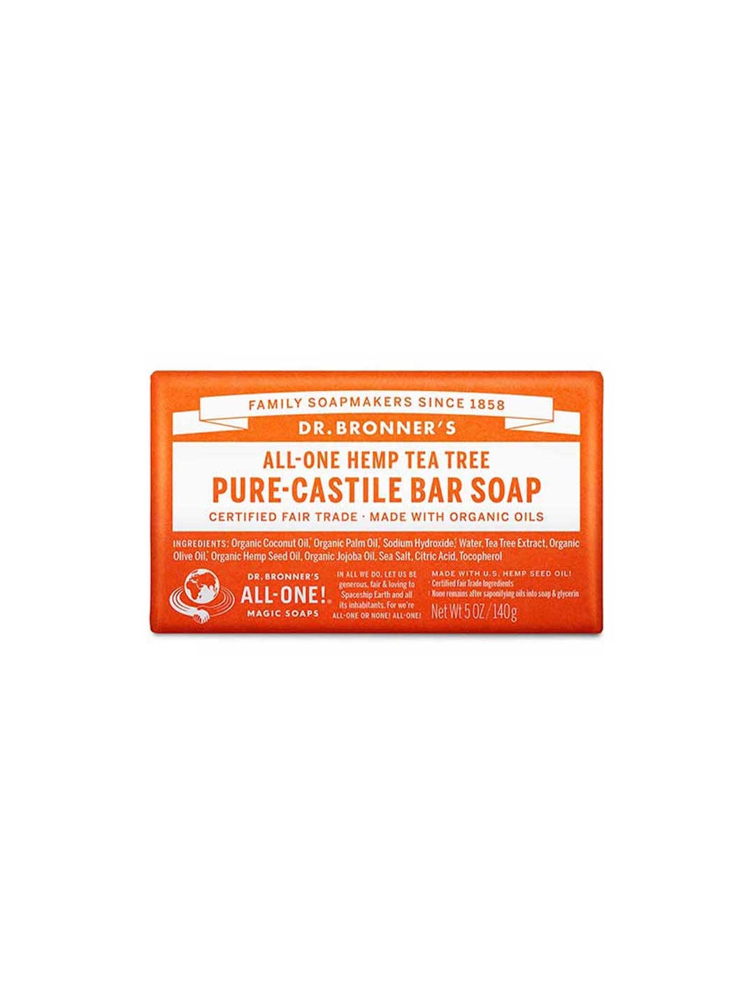A 140g rectangular bar of Dr. Bronner's Pure-Castile Bar Soap in tea tree scent features an orange and white label with fair trade and organic details, plus product and brand information.