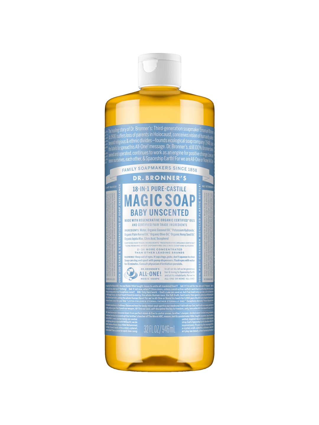A 32 fl oz bottle of Dr. Bronner's Pure-Castile Liquid Soap - Baby Unscented, featuring a white cap and blue-and-white label with detailed product info.