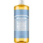 A 32 fl oz bottle of Dr. Bronner's Pure-Castile Liquid Soap - Baby Unscented, featuring a white cap and blue-and-white label with detailed product info.