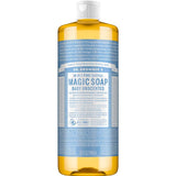 A 32 fl oz bottle of Dr. Bronner's Pure-Castile Liquid Soap - Baby Unscented, featuring a white cap and blue-and-white label with detailed product info.