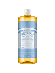 A 32 fl oz bottle of Dr. Bronner's Pure-Castile Liquid Soap - Baby Unscented, featuring a white cap and blue-and-white label with detailed product info.