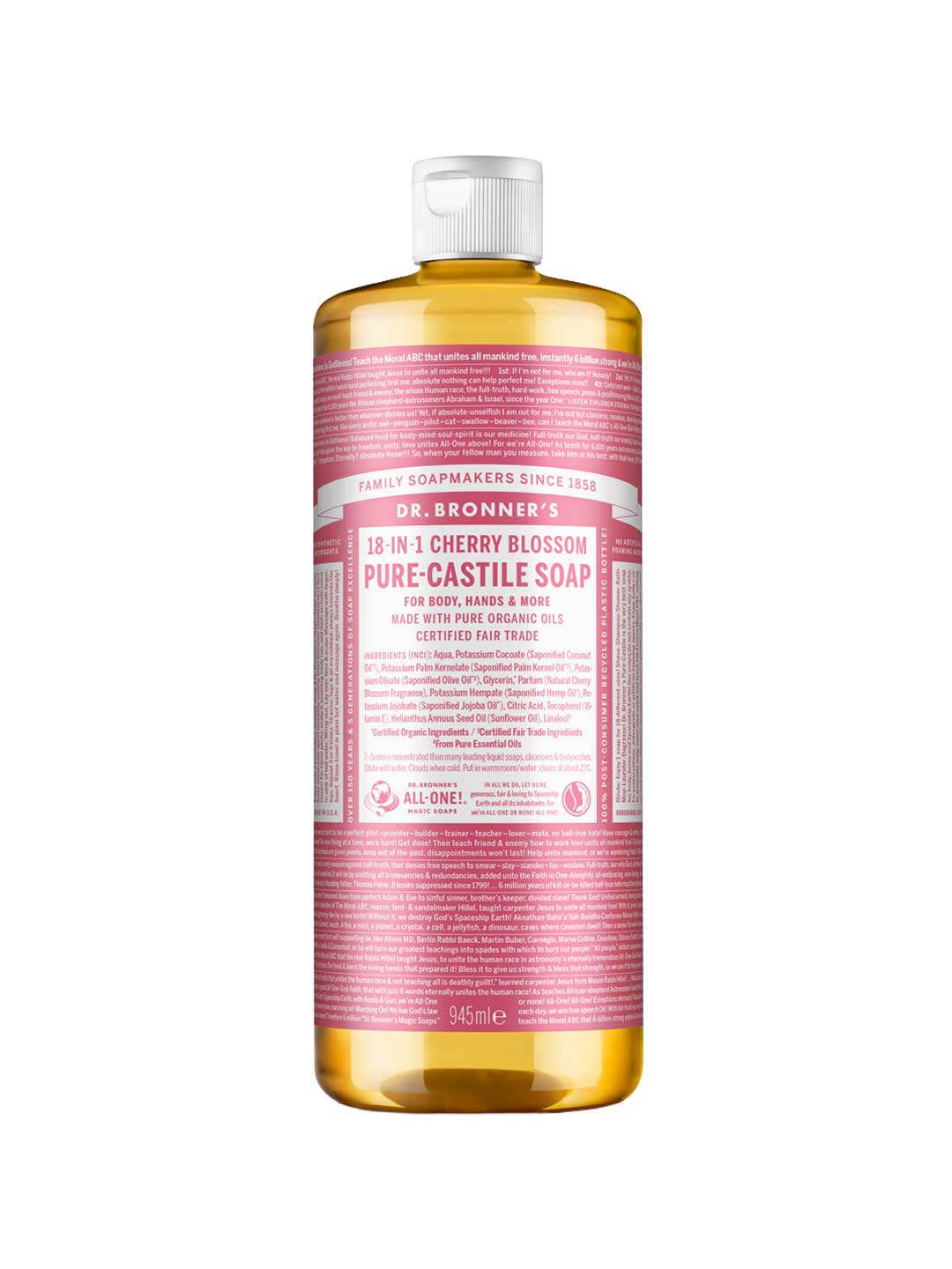 A 945 ml bottle of Dr. Bronner's Pure-Castile Liquid Soap - Cherry Blossom features a pink label, white cap, yellow liquid, and detailed text about its many uses and ingredients on the packaging.