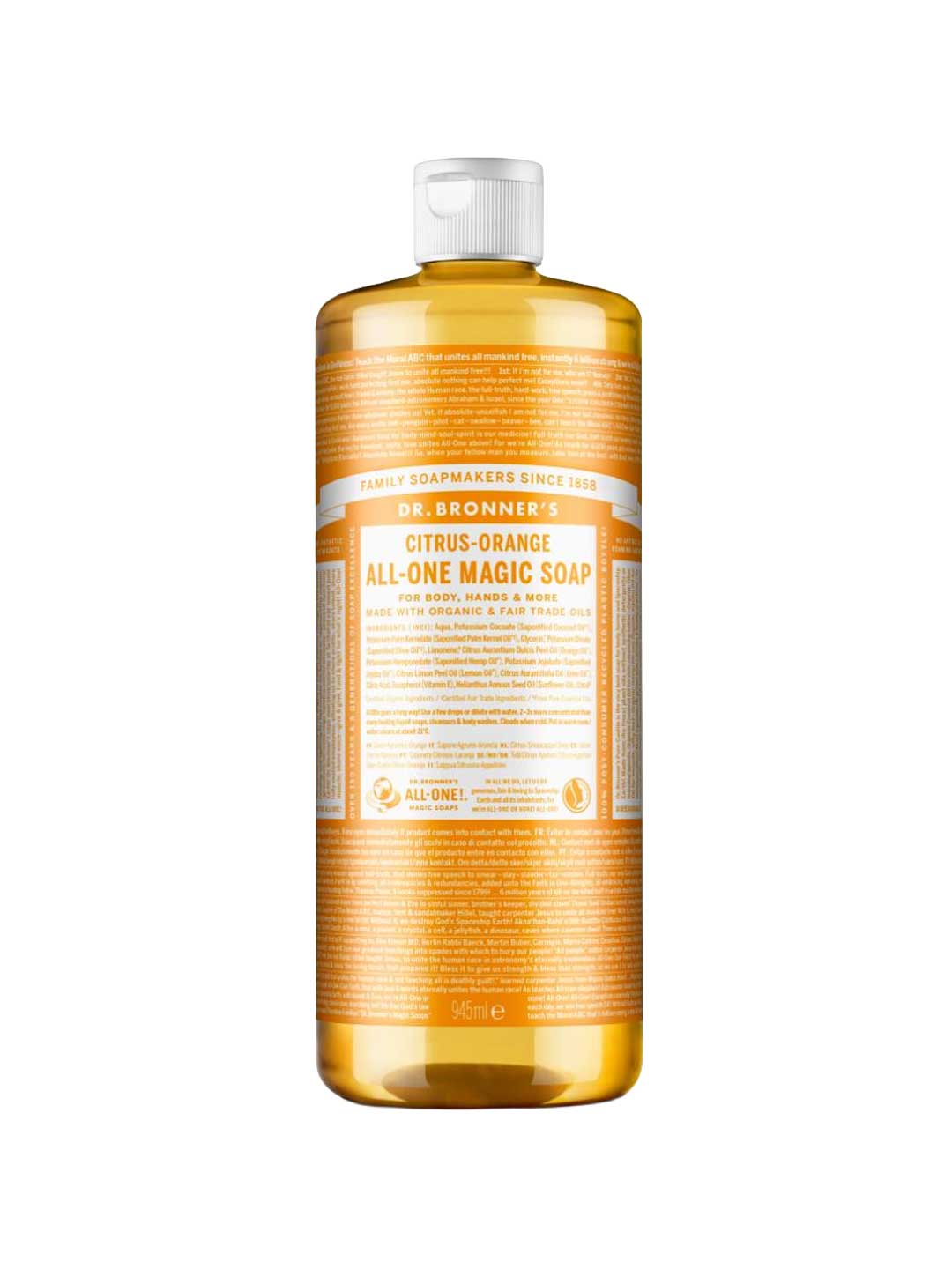 A clear bottle of Dr. Bronner's Pure-Castile Liquid Soap - Citrus with a white cap and orange label displays branding and product info; the golden-yellow, citrus-scented soap inside is suitable for multiple uses.