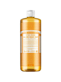 A clear bottle of Dr. Bronner's Pure-Castile Liquid Soap - Citrus with a white cap and orange label displays branding and product info; the golden-yellow, citrus-scented soap inside is suitable for multiple uses.