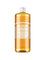 A clear bottle of Dr. Bronner's Pure-Castile Liquid Soap - Citrus with a white cap and orange label displays branding and product info; the golden-yellow, citrus-scented soap inside is suitable for multiple uses.