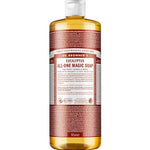 A bottle of Dr. Bronner's Pure-Castile Liquid Soap - Eucalyptus, a multi-use organic soap with a white cap, red label, and amber liquid inside.