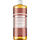 A bottle of Dr. Bronner's Pure-Castile Liquid Soap - Eucalyptus, a multi-use organic soap with a white cap, red label, and amber liquid inside.