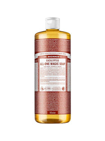 A bottle of Dr. Bronner's Pure-Castile Liquid Soap - Eucalyptus, a multi-use organic soap with a white cap, red label, and amber liquid inside.