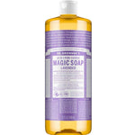 A 32 oz bottle of Dr. Bronner's Pure-Castile Liquid Soap - Lavender with a purple and white label, white cap, and golden yellow organic soap inside.