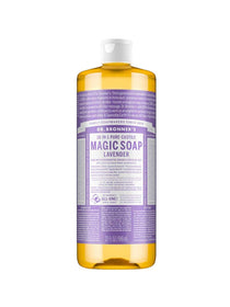 A 32 oz bottle of Dr. Bronner's Pure-Castile Liquid Soap - Lavender with a purple and white label, white cap, and golden yellow organic soap inside.