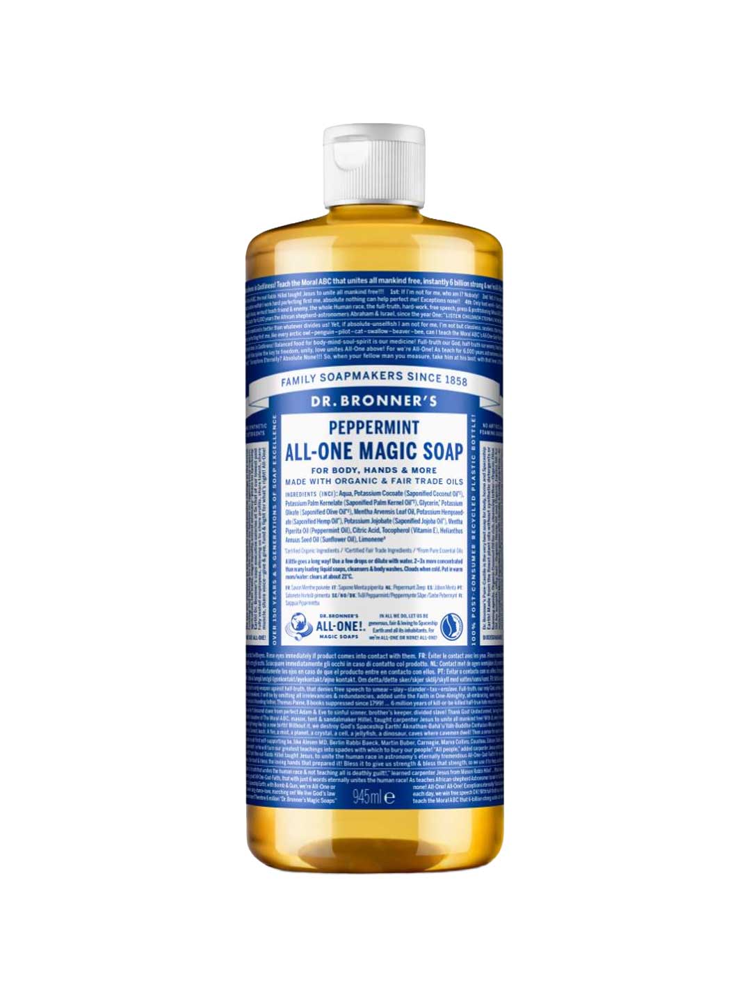 A 945 ml bottle of Dr. Bronner's Pure-Castile Liquid Soap - Peppermint, an organic multi-use soap with a white cap and blue and white label. The bottle contains clear, amber liquid and features product details, directions, and branding.