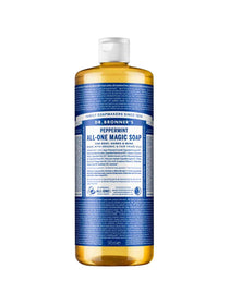 A 945 ml bottle of Dr. Bronner's Pure-Castile Liquid Soap - Peppermint, an organic multi-use soap with a white cap and blue and white label. The bottle contains clear, amber liquid and features product details, directions, and branding.