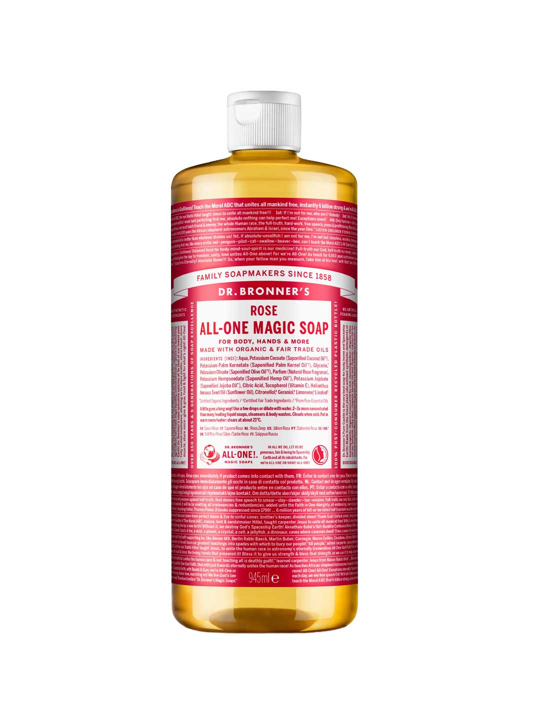 A 945 ml bottle of Dr. Bronner's Pure-Castile Liquid Soap - Rose, featuring a red label and white cap. The front label highlights its 18-in-1 uses, organic Rose oil, and organic ingredients.