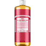 A 945 ml bottle of Dr. Bronner's Pure-Castile Liquid Soap - Rose, featuring a red label and white cap. The front label highlights its 18-in-1 uses, organic Rose oil, and organic ingredients.