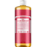 A 945 ml bottle of Dr. Bronner's Pure-Castile Liquid Soap - Rose, featuring a red label and white cap. The front label highlights its 18-in-1 uses, organic Rose oil, and organic ingredients.