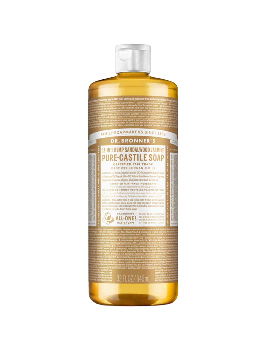 A 32 fl oz bottle of Dr. Bronner's Pure-Castile Liquid Soap - Sandalwood Jasmine, this organic soap features a gold and white label with detailed text and a white cap.