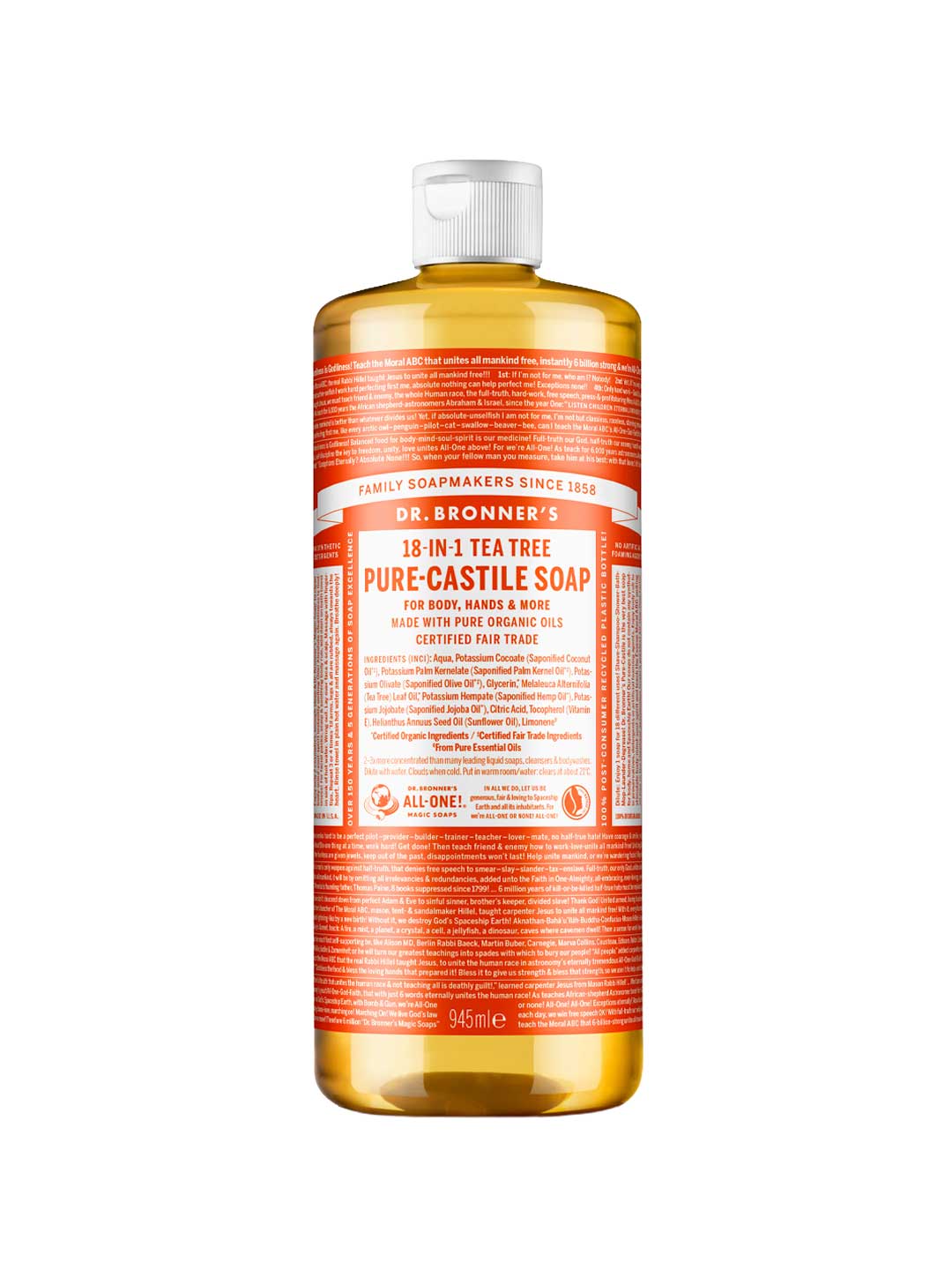 A 945 ml bottle of Dr. Bronner's Pure-Castile Liquid Soap - Tea Tree, with an orange label and white cap, suitable as a natural shampoo or tea tree soap, featuring detailed product info on the front.
