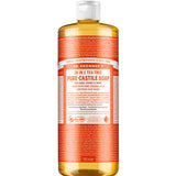 A 945 ml bottle of Dr. Bronner's Pure-Castile Liquid Soap - Tea Tree, with an orange label and white cap, suitable as a natural shampoo or tea tree soap, featuring detailed product info on the front.