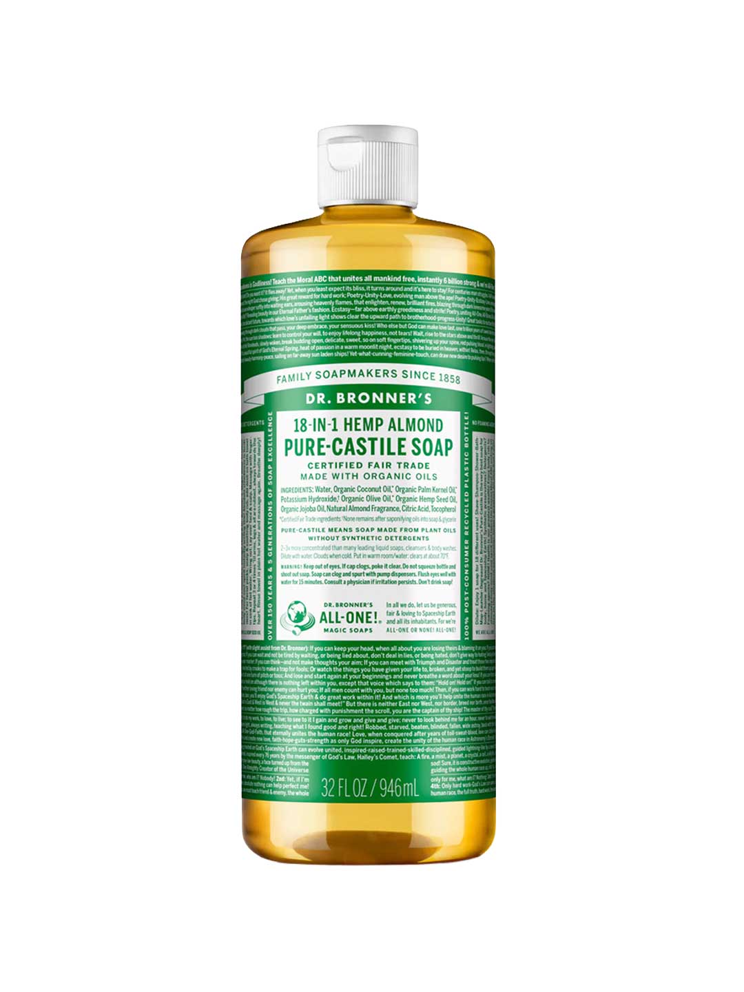 Dr. Bronner's Pure-Castile Liquid Soap - Almond comes in a 32-ounce bottle with a white cap, amber liquid, and a green and white label displaying product details and multi-use instructions.