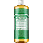 Dr. Bronner's Pure-Castile Liquid Soap - Almond comes in a 32-ounce bottle with a white cap, amber liquid, and a green and white label displaying product details and multi-use instructions.