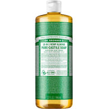 Dr. Bronner's Pure-Castile Liquid Soap - Almond comes in a 32-ounce bottle with a white cap, amber liquid, and a green and white label displaying product details and multi-use instructions.
