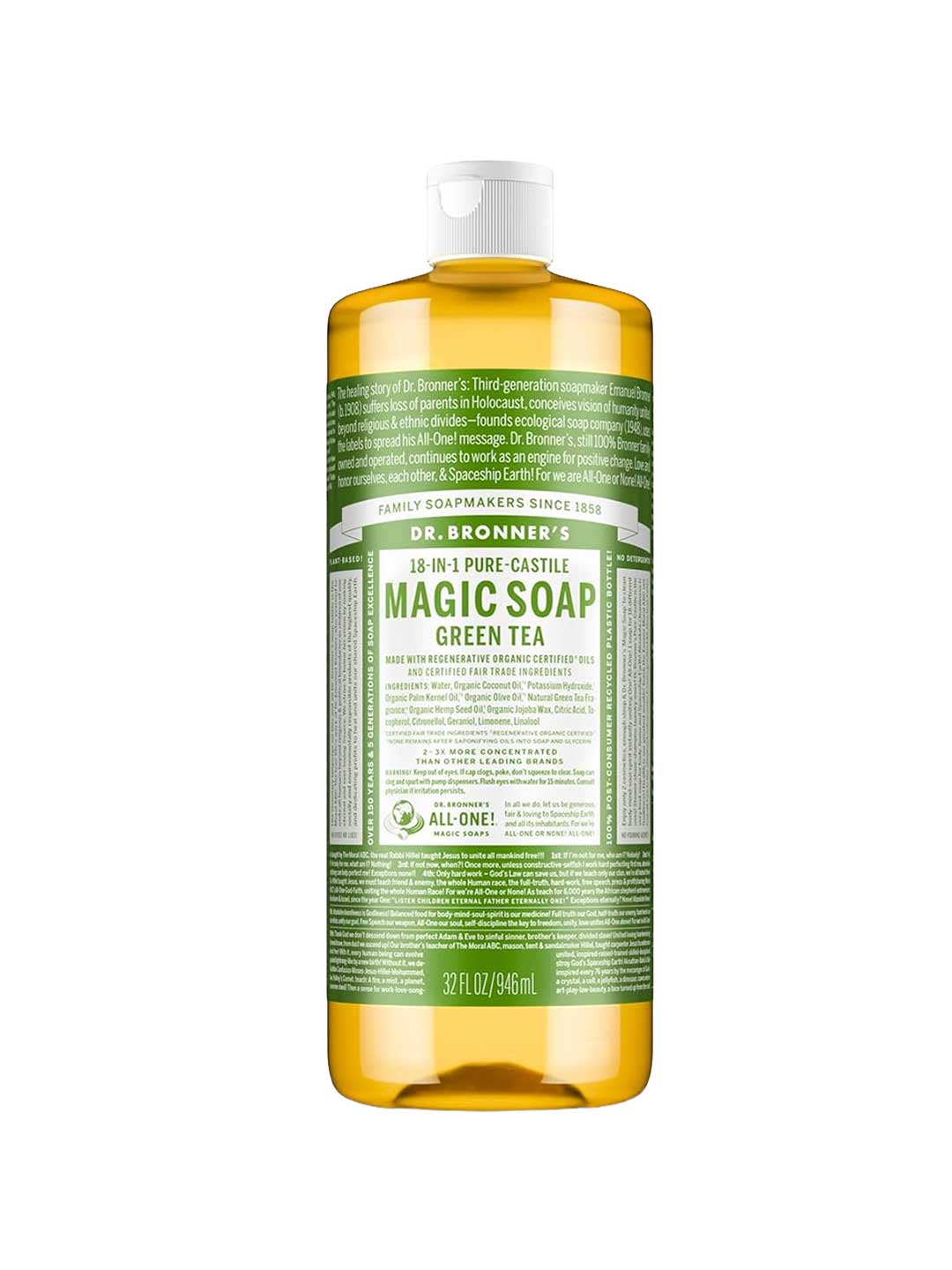 A 32-ounce bottle of Dr. Bronner's Pure-Castile Liquid Soap - Green Tea, featuring a yellow bottle with a white cap and a green and white label displaying product details.