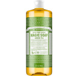 A 32-ounce bottle of Dr. Bronner's Pure-Castile Liquid Soap - Green Tea, featuring a yellow bottle with a white cap and a green and white label displaying product details.