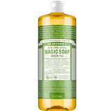 A 32-ounce bottle of Dr. Bronner's Pure-Castile Liquid Soap - Green Tea, featuring a yellow bottle with a white cap and a green and white label displaying product details.