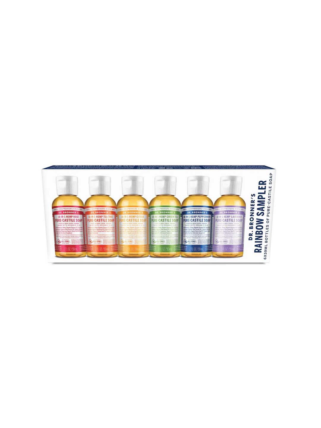 The Dr. Bronner's Rainbow Sampler Pack 6 x 59ml features six small bottles of Pure-Castile Liquid Soap in assorted colors and scents, arranged side by side and labeled "Rainbow Sampler" inside the packaging.