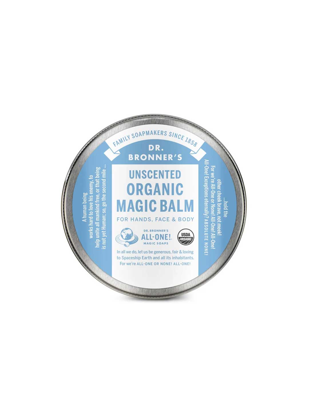 Dr. Bronner's Unscented Organic Magic Balm 57g comes in a round tin with a blue and white label, is USDA organic certified, and is ideal for tattoo care or relieving dry skin on hands, face, and body.