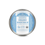 Dr. Bronner's Unscented Organic Magic Balm 57g comes in a round tin with a blue and white label, is USDA organic certified, and is ideal for tattoo care or relieving dry skin on hands, face, and body.