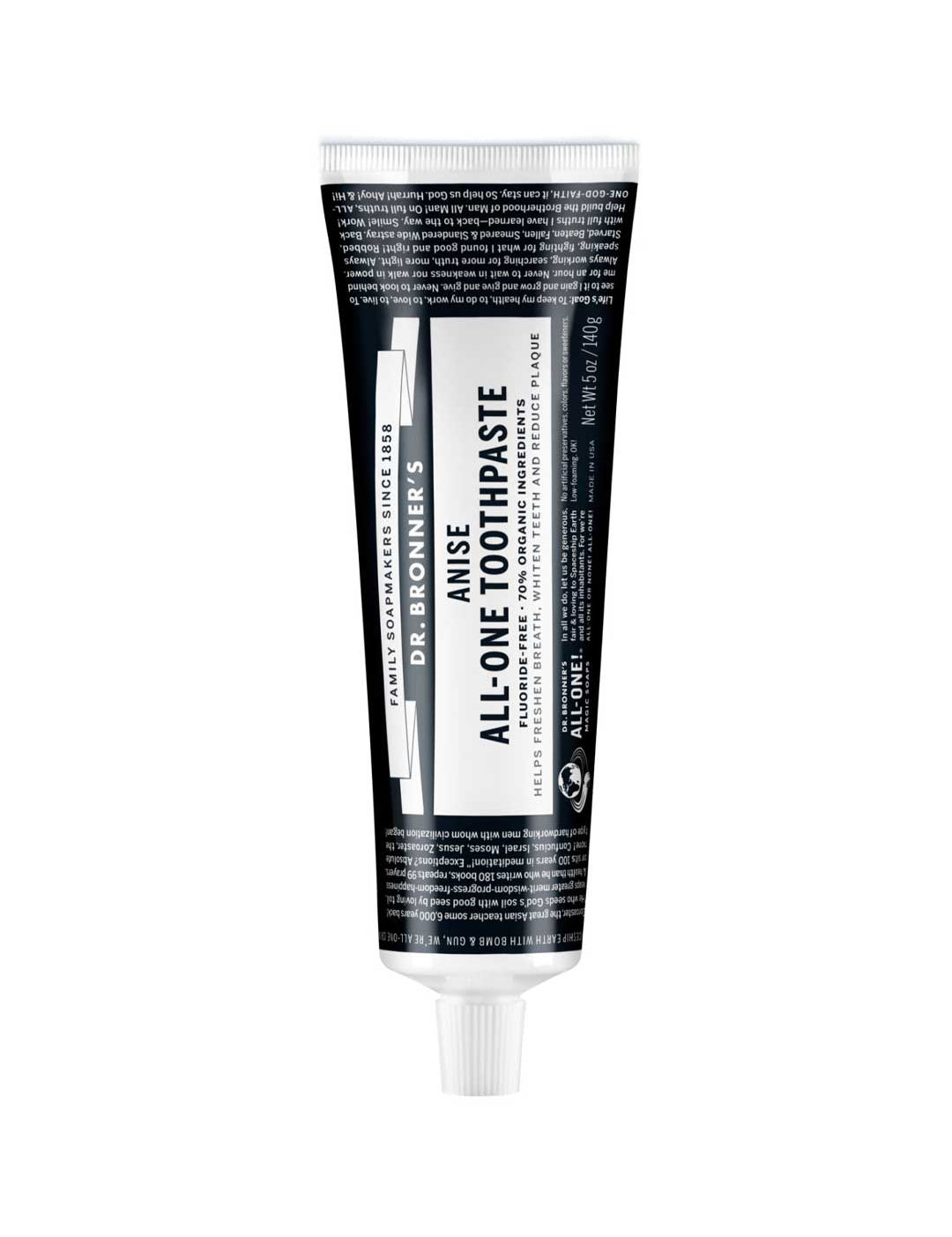 Dr. Bronner's Anise All-One Toothpaste tube on a white background