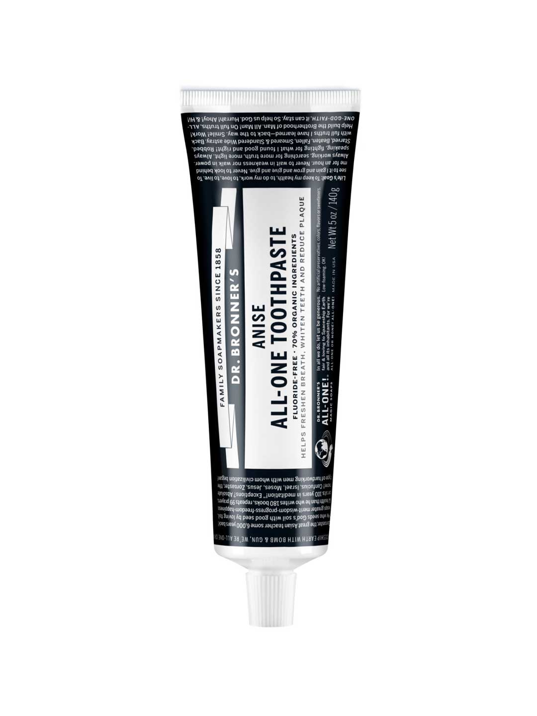 Dr. Bronner's Anise All-One Toothpaste tube on a white background