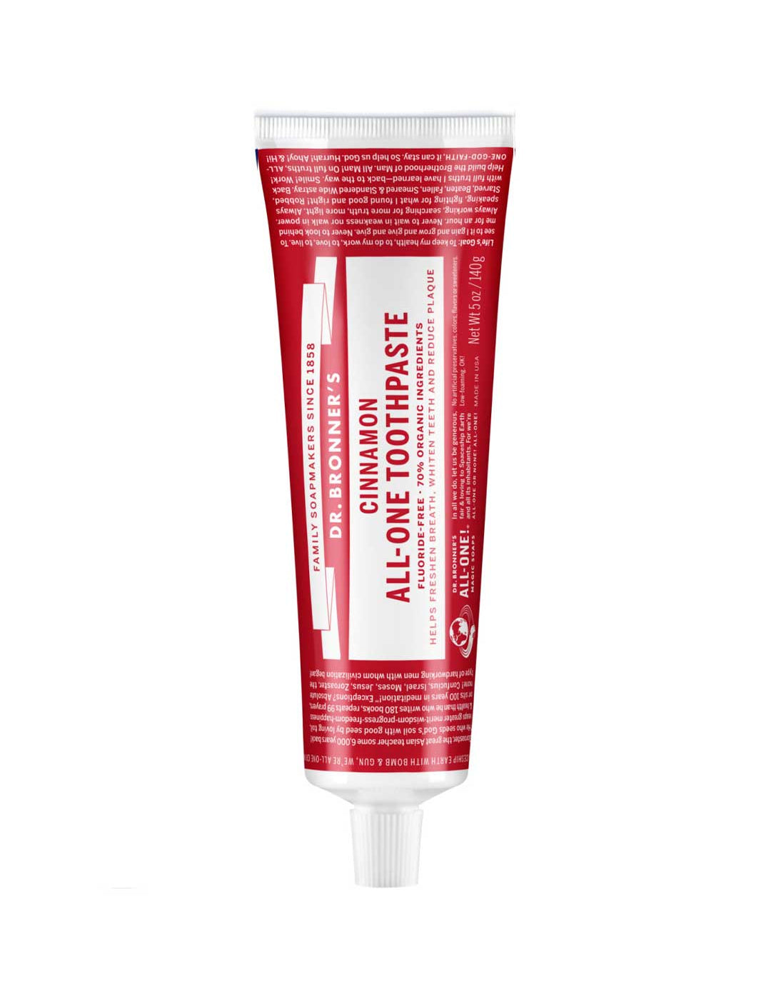 Red tube of Dr. Bronner's Cinnamon All-One Toothpaste on a white background