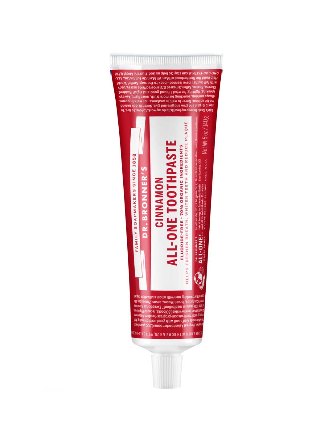 Red tube of Dr. Bronner's Cinnamon All-One Toothpaste on a white background