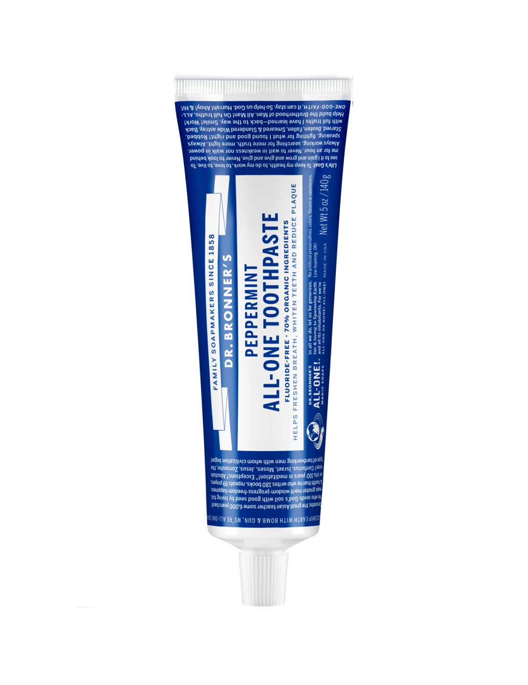 Tube of Dr. Bronner's peppermint all-one toothpaste on a white background
