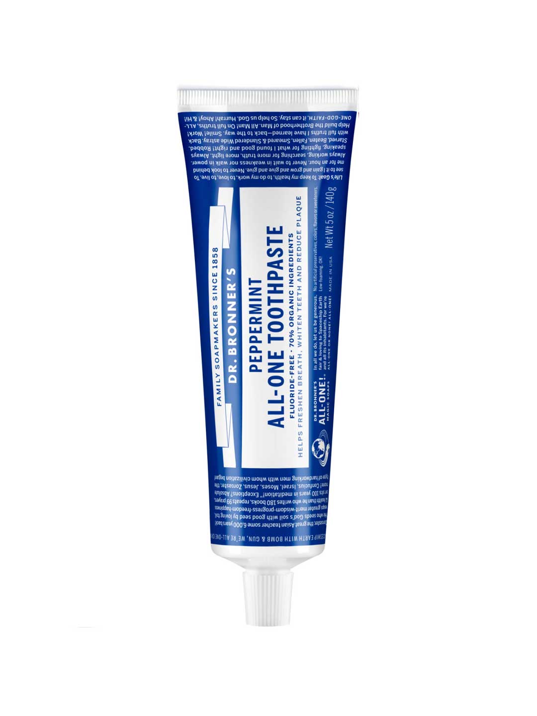 Tube of Dr. Bronner's peppermint all-one toothpaste on a white background