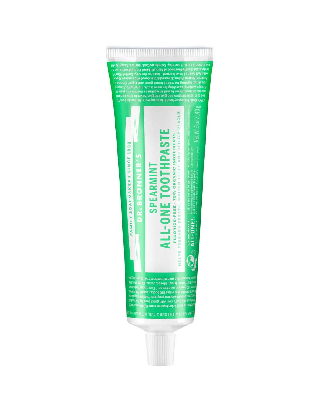 Tube of Spearmint All-One Toothpaste on a white background