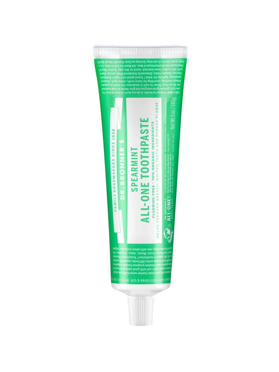 Tube of Spearmint All-One Toothpaste on a white background