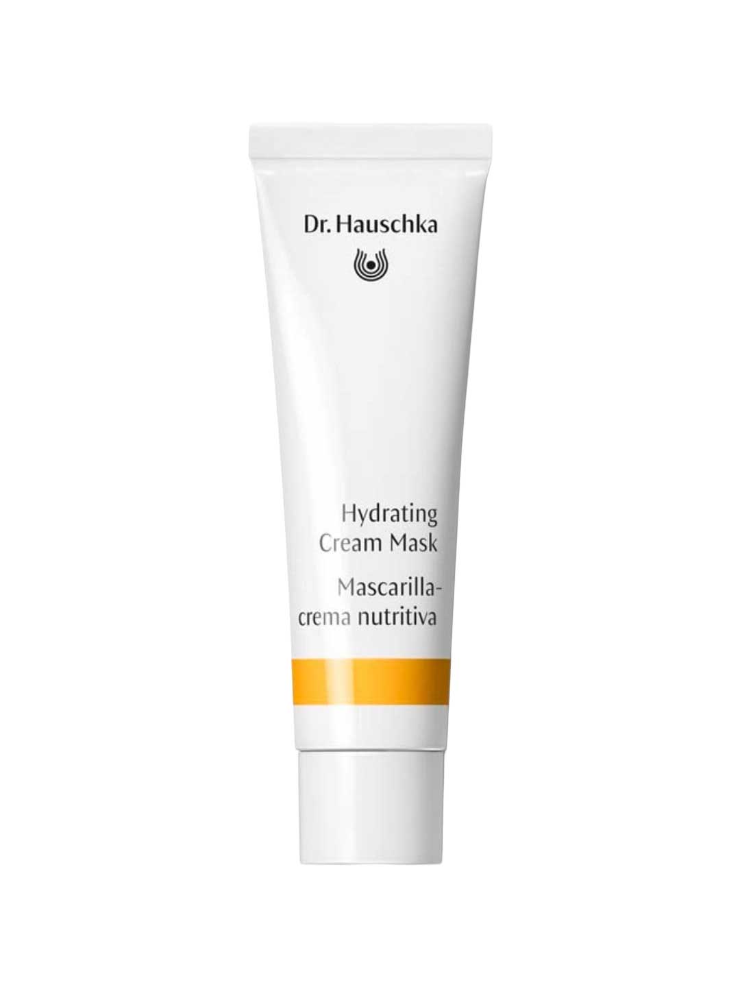 Dr. Hauschka Hydrating Cream Mask in a white tube with gold stripe on a white background.