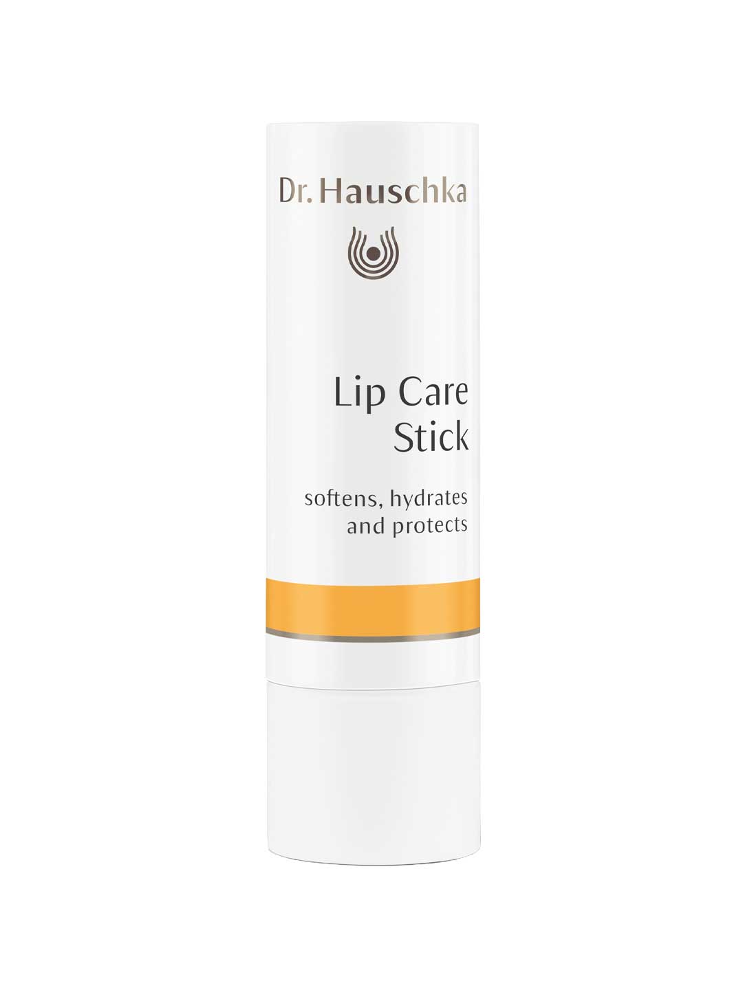 A white tube of Dr Hauschka Lip Care Stick 4.9g with gold accents, labeled to soften, hydrate, and protect lips, stands upright against a plain white background.