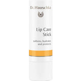 A white tube of Dr Hauschka Lip Care Stick 4.9g with gold accents, labeled to soften, hydrate, and protect lips, stands upright against a plain white background.