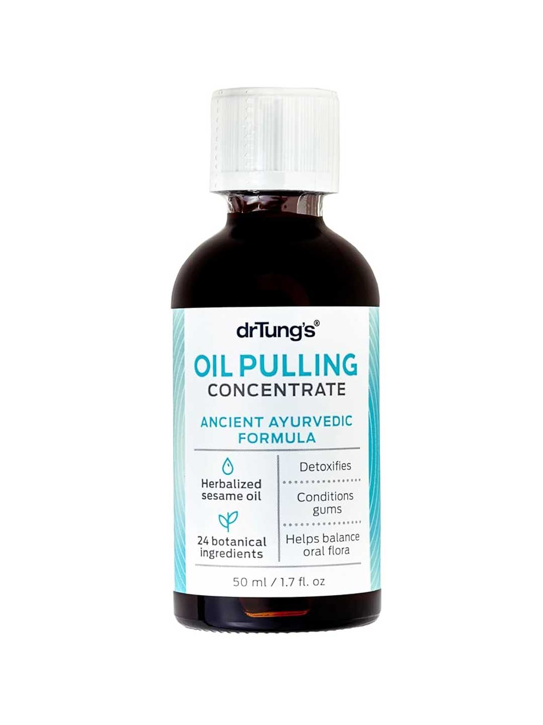 Bottle of Dr. Tung's Oil Pulling Concentrate on a white background