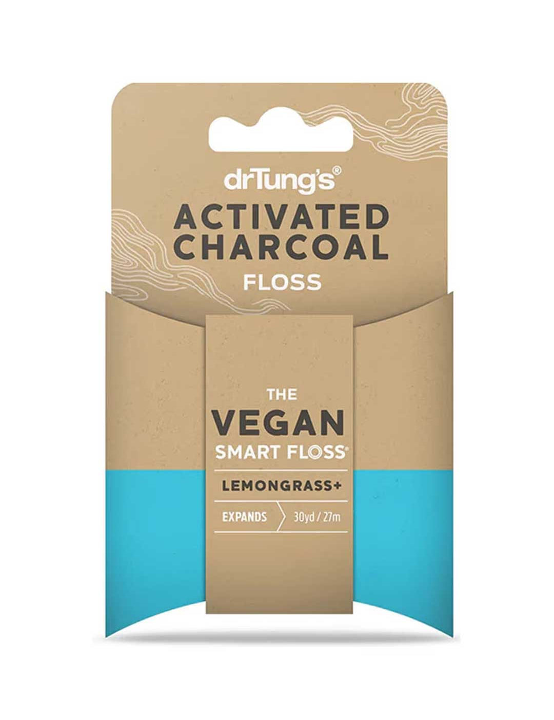 Packaged vegan activated charcoal floss with 'drTungs' branding on a white background
