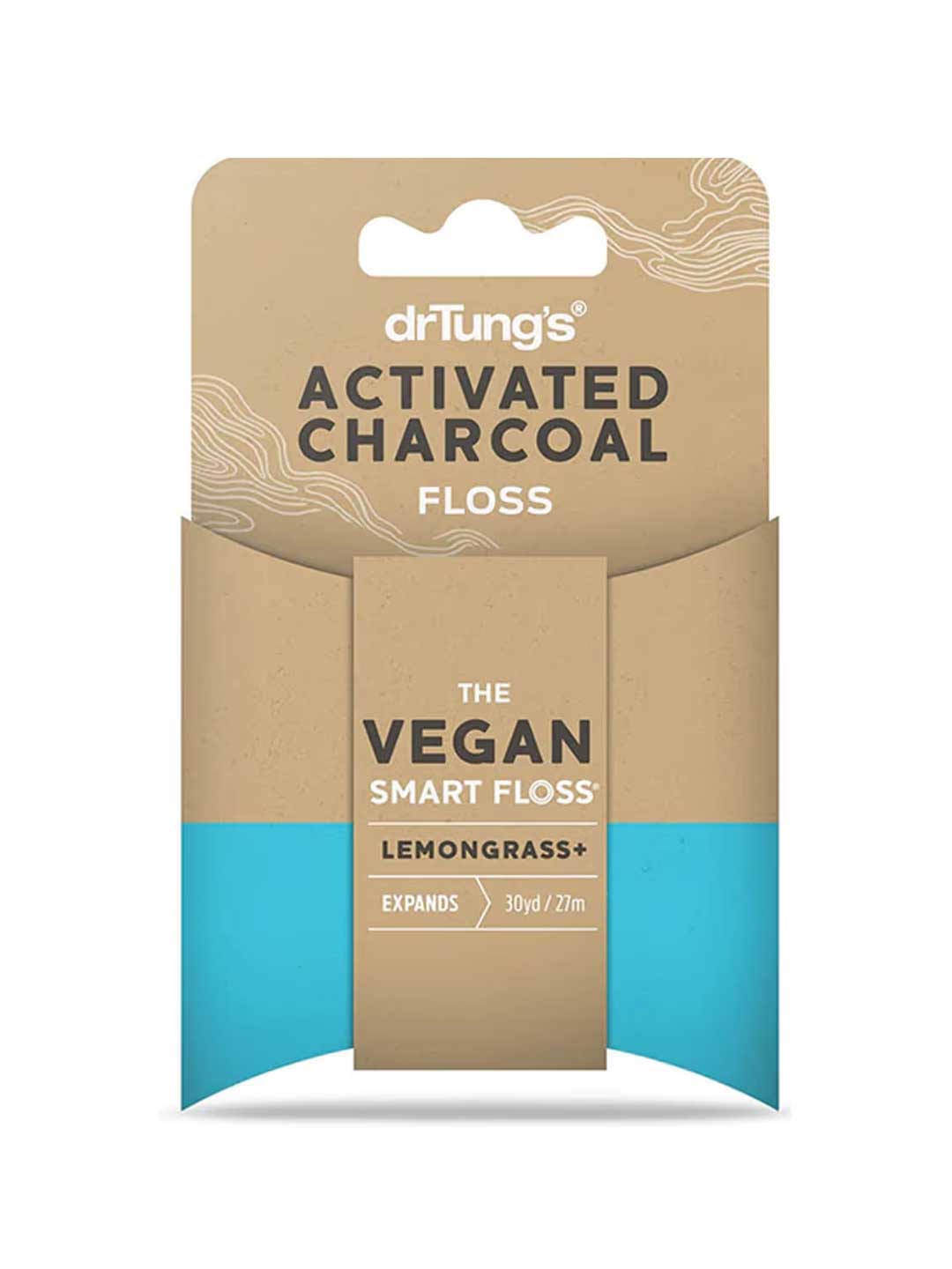 Packaged vegan activated charcoal floss with 'drTungs' branding on a white background