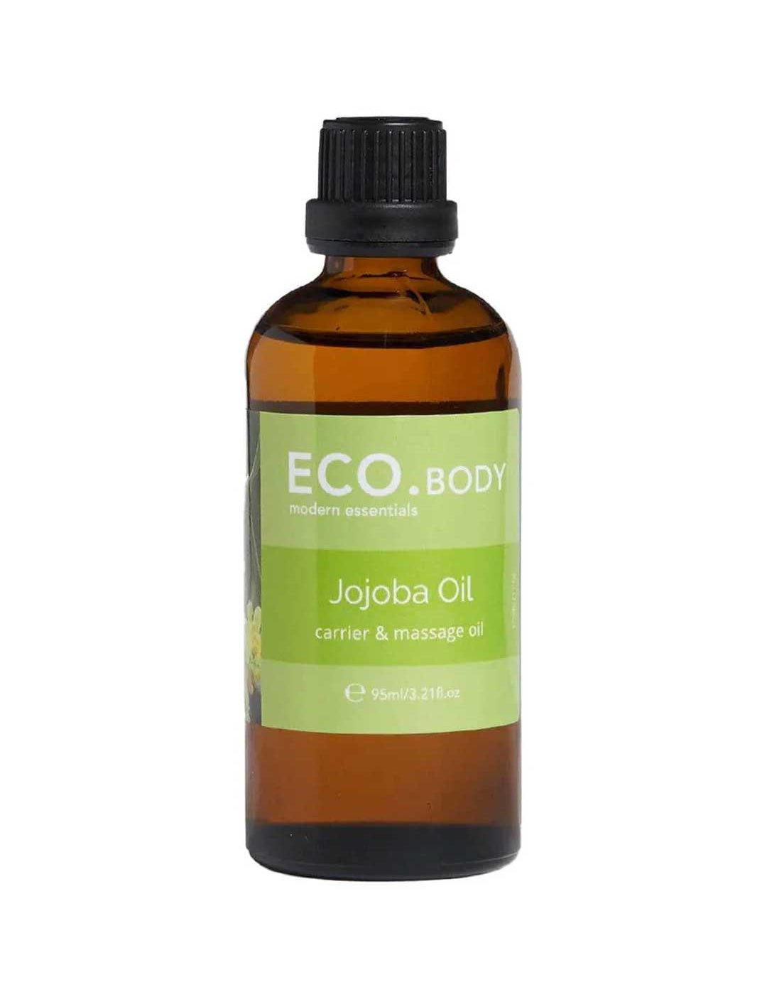 A 95ml brown glass bottle of ECO Modern Essentials Jojoba Oil body and carrier oil with a black screw cap, shown against a white background.