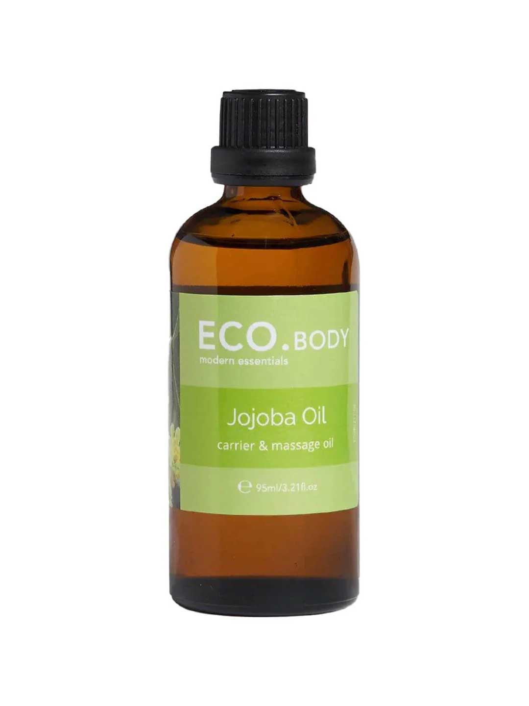 A 95ml brown glass bottle of ECO Modern Essentials Jojoba Oil body and carrier oil with a black screw cap, shown against a white background.