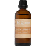 A 95ml brown glass bottle with a black cap, labeled ECO Modern Essentials Sweet Almond Oil, a natural skin moisturizer and carrier oil, is displayed on a white background.