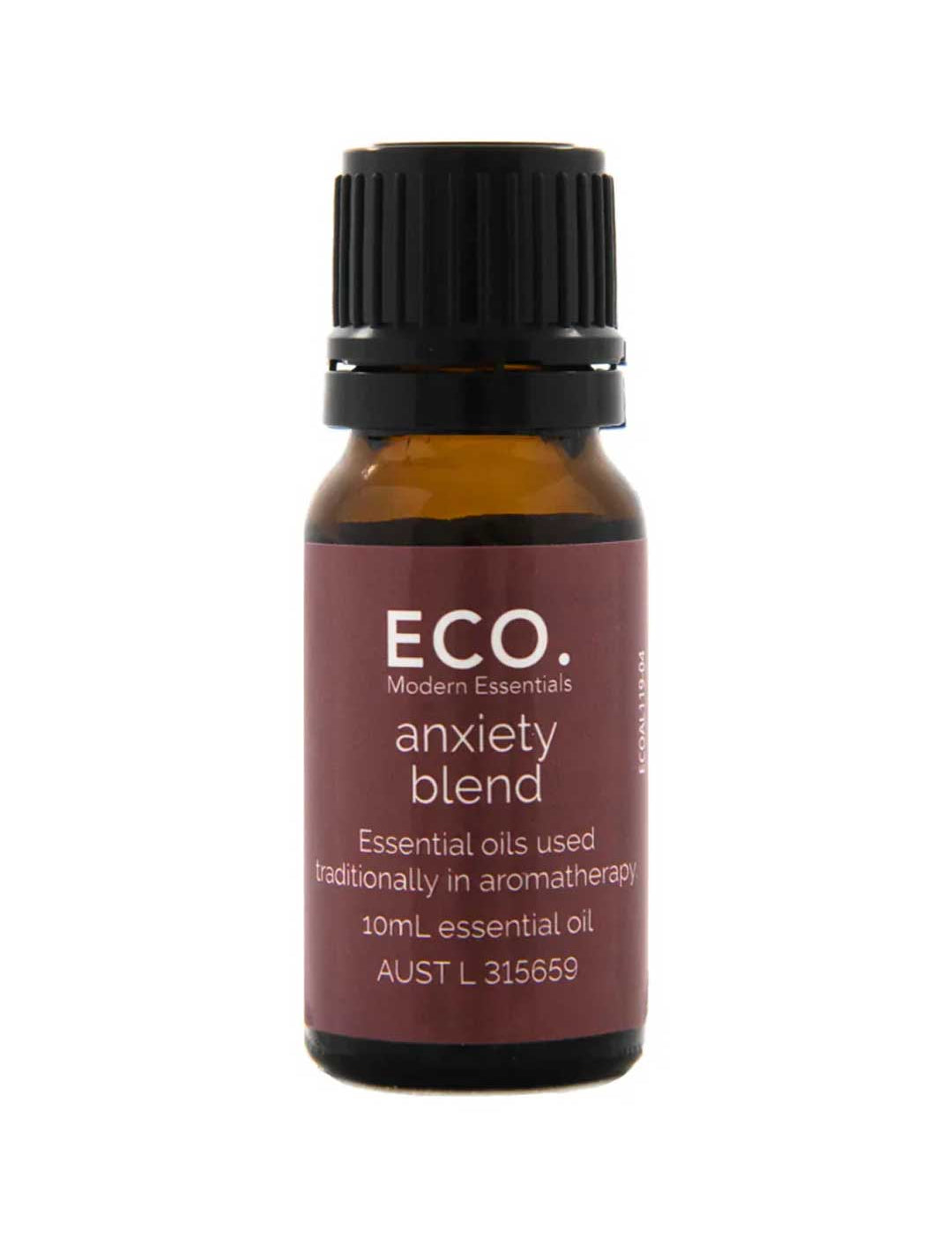The ECO. Modern Essentials Anxiety Essential Oil Blend 10ml comes in a small brown bottle with a black cap and white text, designed for aromatherapy to help promote relaxation.