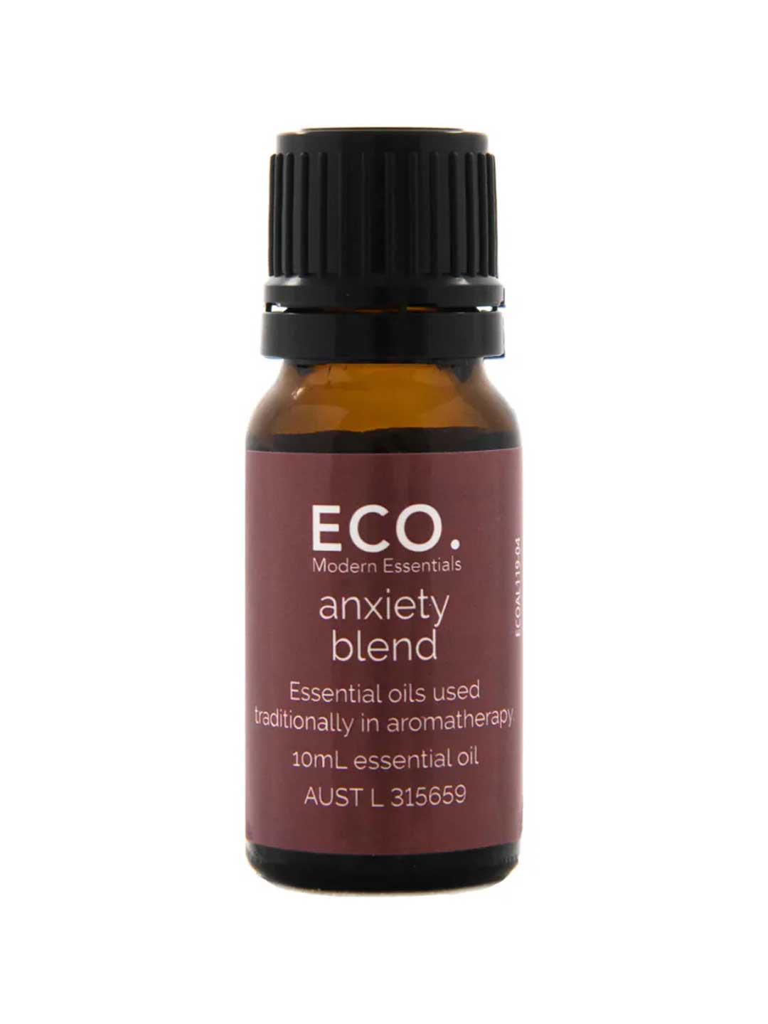 The ECO. Modern Essentials Anxiety Essential Oil Blend 10ml comes in a small brown bottle with a black cap and white text, designed for aromatherapy to help promote relaxation.